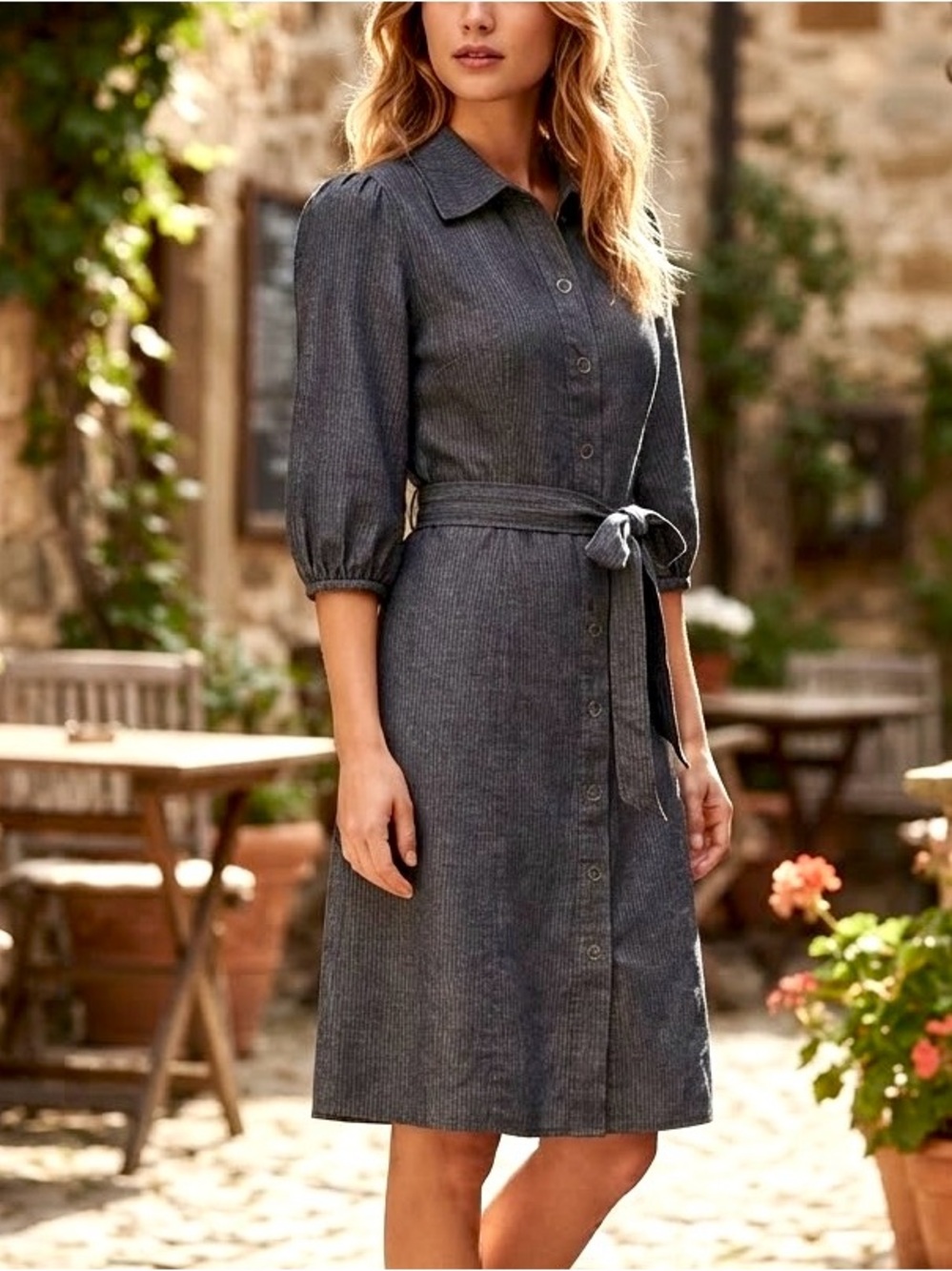 Elie Tahari Denim-Style Navy Midi Shirt Dress with Tie Waist size 6